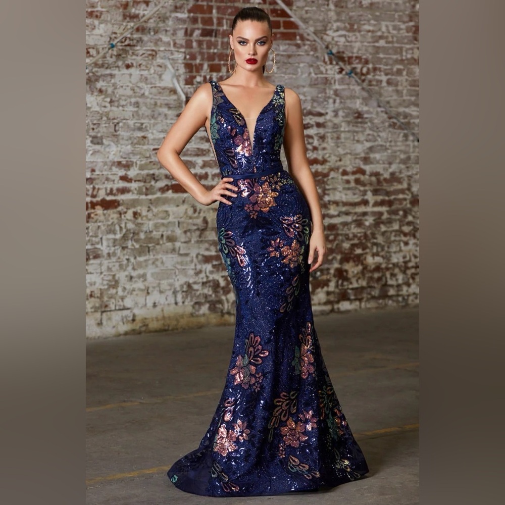 Cinderella Divine 14 Blue Iridescent Floral Sequin Full Length Gown Style J797 - Picture 2 of 9